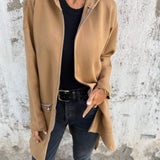 Long hooded knit cardigan, camel/tan, zip front, two side pockets