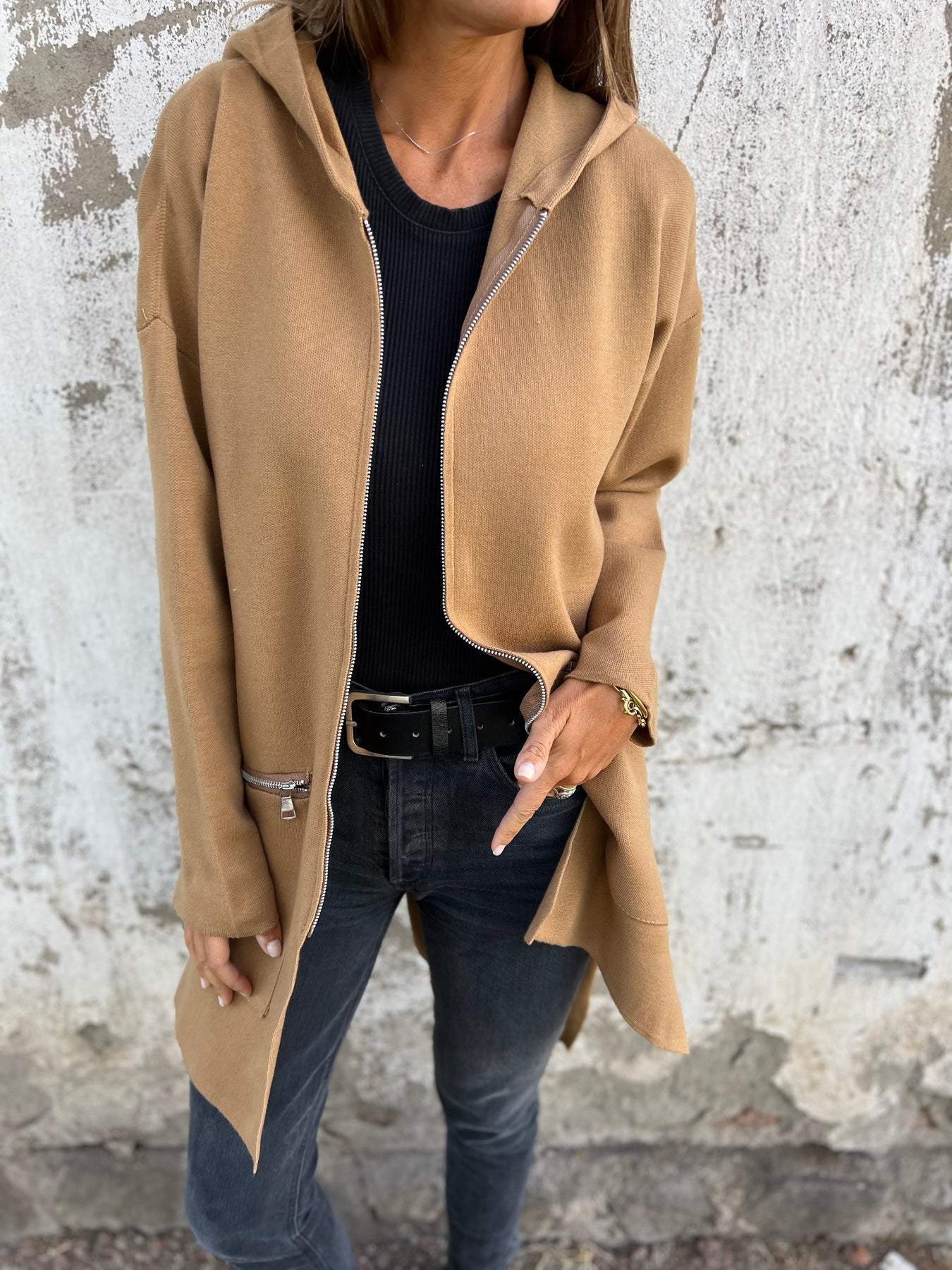 Long hooded knit cardigan, camel/tan, zip front, two side pockets