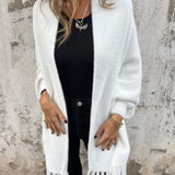 White long-sleeve wrap cardigan with fringe at cuffs and hem, open front