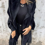 Black long-sleeve wrap cardigan with fringe cuffs and hem, open front