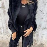 Black long-sleeve wrap cardigan with fringe cuffs and hem, open front