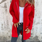 Long hooded knit cardigan, red, open zip front, two side pockets