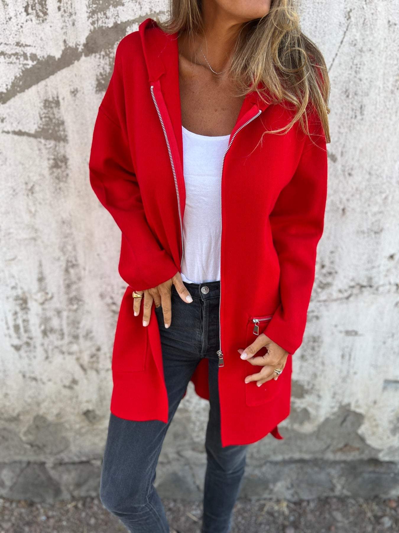 Long hooded knit cardigan, red, open zip front, two side pockets