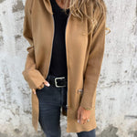 Long hooded knit cardigan, tan/brown, zip front, two side pockets