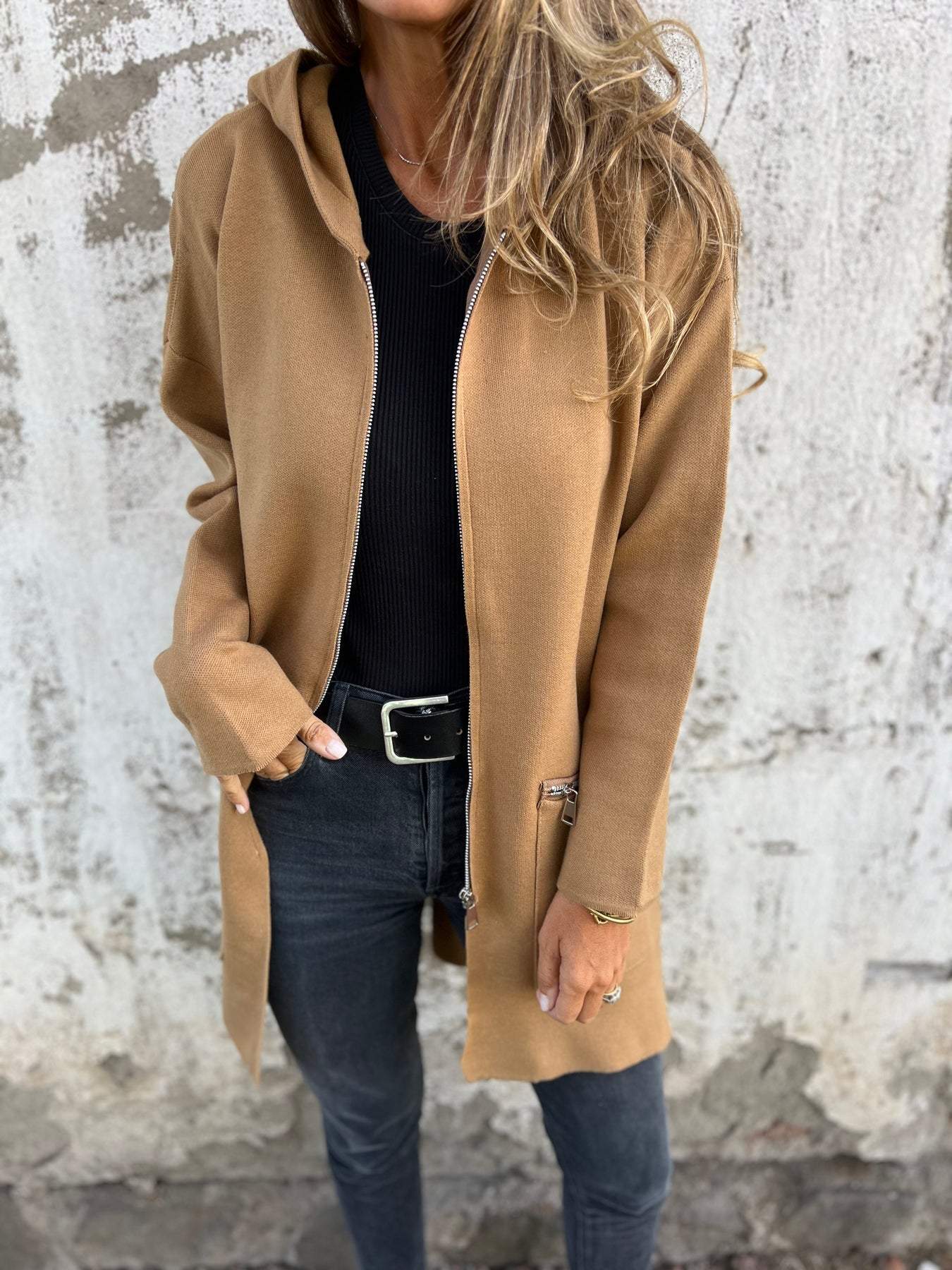 Long hooded knit cardigan, tan/brown, zip front, two side pockets