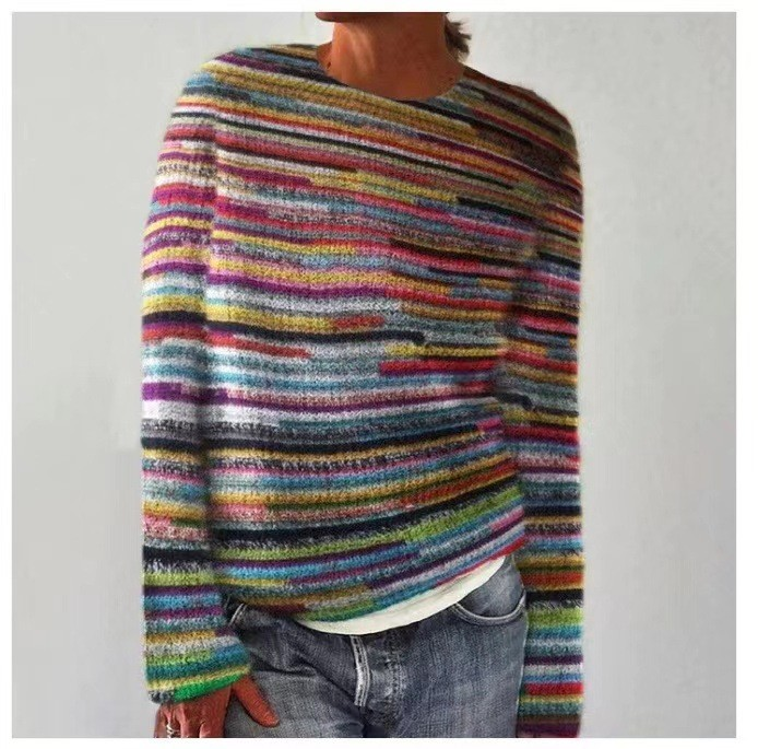 Multicolor striped retro pullover sweater with crew neck and long sleeves