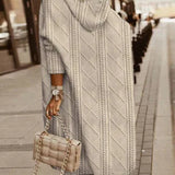 Hooded cardigan in light beige, long diamond cable knit with hood, 3/4 sleeves