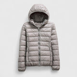 Light gray hooded puffer jacket with front zipper and quilted horizontal baffles