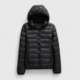 Black hooded puffer jacket with front zipper and horizontal quilted baffles