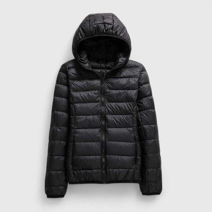 Black hooded puffer jacket with front zipper and horizontal quilted baffles