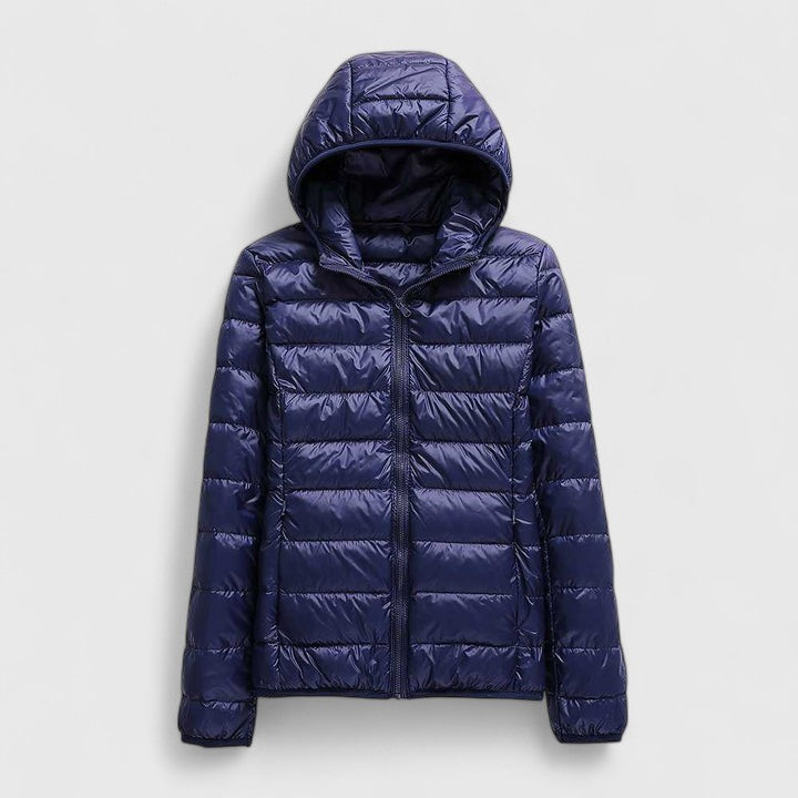 Navy purple hooded puffer jacket with front zipper and horizontal quilted baffles