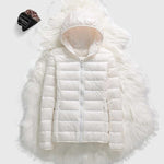 White hooded puffer jacket with full zipper and plush faux-fur trim around hood