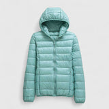 Light teal hooded puffer jacket with full-length zip, quilted insulation, long sleeves
