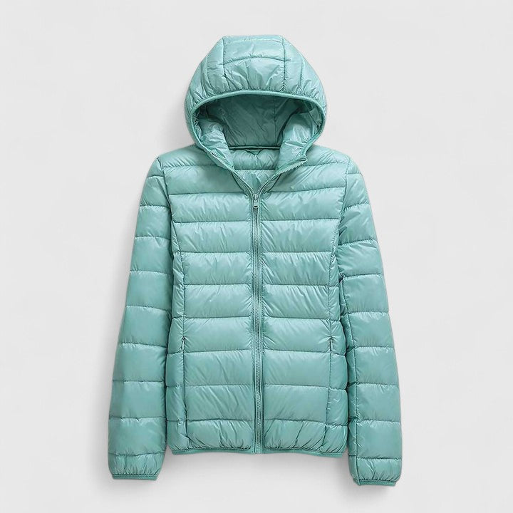 Light teal hooded puffer jacket with full-length zip, quilted insulation, long sleeves