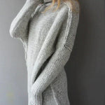 Women’s plus-size gray cable-knit pullover sweater with high neck and dropped-shoulder sleeves