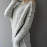 Women’s plus-size gray cable-knit pullover sweater with high neck and dropped-shoulder sleeves
