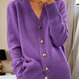 Lavender V-neck knit cardigan with gold tone decorative buttons and ribbed hem