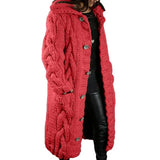 Women's long cable-knit cardigan in red with button front and textured cable knit.