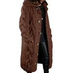 Women's long cable-knit cardigan in brown with button front and chunky textured knit.