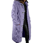 Women's long cable-knit cardigan in light purple with button front and textured knit.