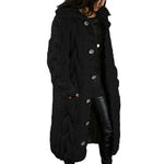Women's long cable-knit cardigan in black with button front and textured cable pattern.