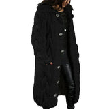 Women's long cable-knit cardigan in black with button front and textured cable pattern.