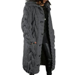 Women's long cable-knit cardigan in medium gray with button front and textured cable pattern.