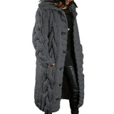 Women's long cable-knit cardigan in medium gray with button front and textured cable pattern.