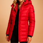 Red quilted puffer jacket with front zip, stand collar, snap button cuffs