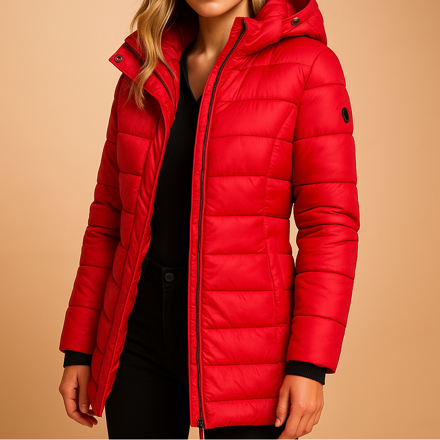 Red quilted puffer jacket with front zip, stand collar, snap button cuffs