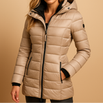 Beige quilted puffer jacket with front zip, stand collar, side zip pockets