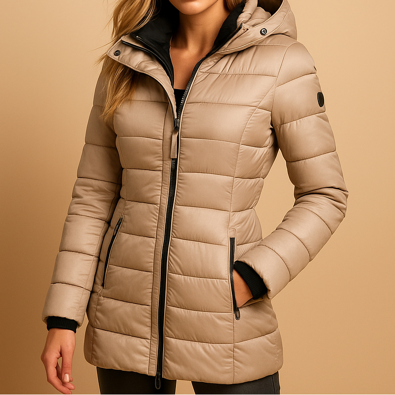 Beige quilted puffer jacket with front zip, stand collar, side zip pockets