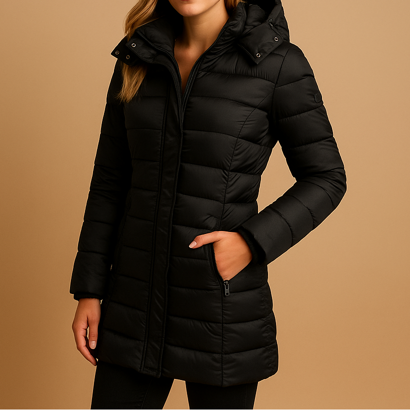 Black quilted puffer jacket with front zip, stand collar, side zip pockets