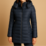 Navy quilted puffer jacket with front zip, stand collar, side zip pockets