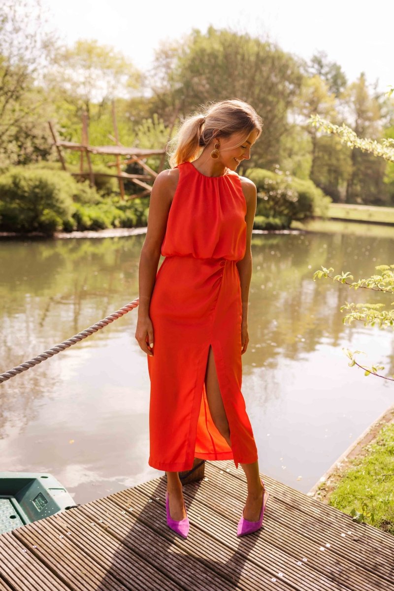 Red sleeveless midi dress, high neck, gathered back, side slit