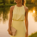 Light yellow sleeveless midi dress with high neckline and side slit