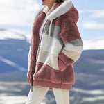 Keithy color-block sherpa jacket with mauve and cream patches, zip-front hood