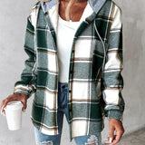 Rosanna cozy jacket in green plaid with hood, button front, and long sleeves