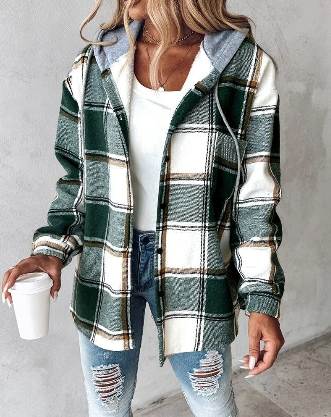 Rosanna cozy jacket in green plaid with hood, button front, and long sleeves