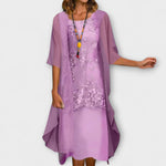 Penny™ elegant dress in purple, V-neck, floral lace front, draped short-sleeve hem