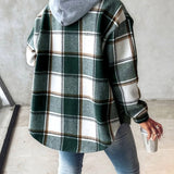 Rosanna cozy jacket in green plaid with hood, button front, and long sleeves