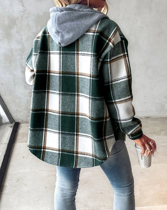 Rosanna cozy jacket in green plaid with hood, button front, and long sleeves