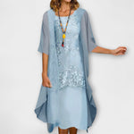 Penny™ elegant dress in light blue, V-neck, floral lace front, draped short-sleeve hem