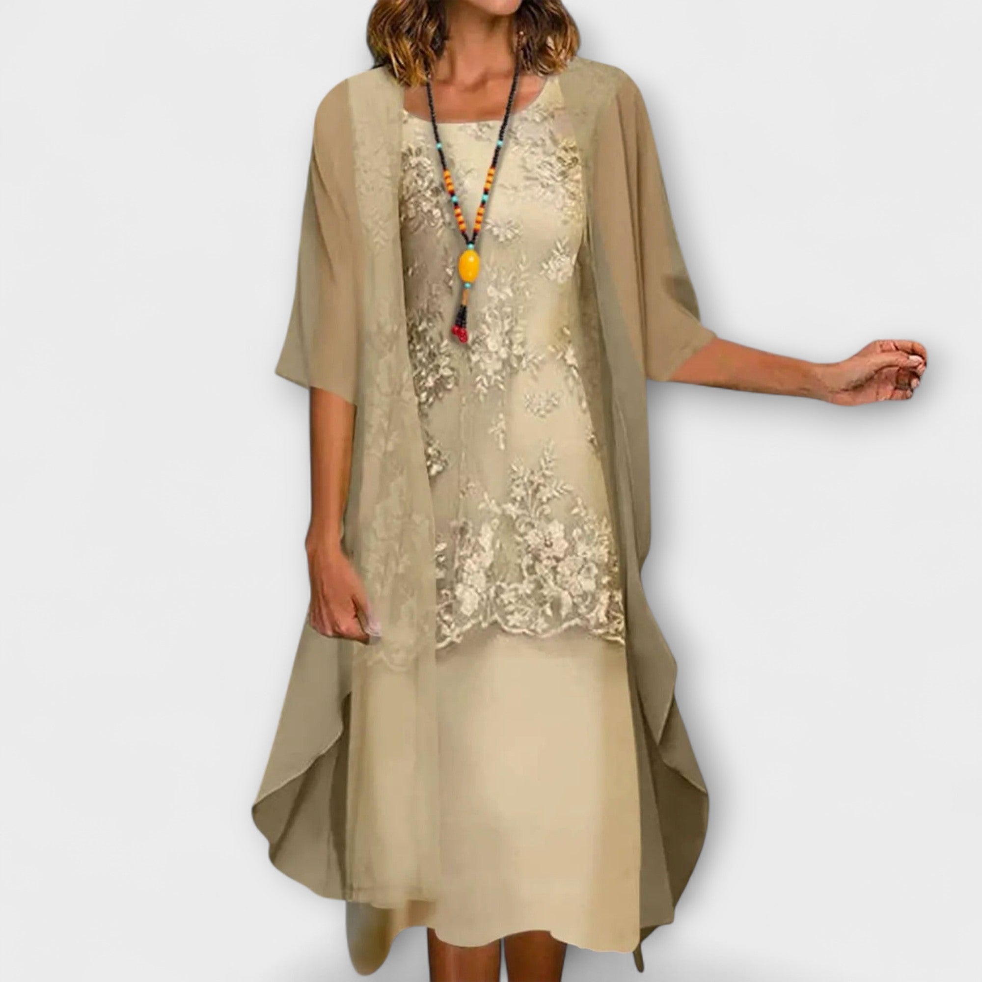 Penny™ elegant dress in light beige, V-neck, floral lace front, draped short-sleeve hem
