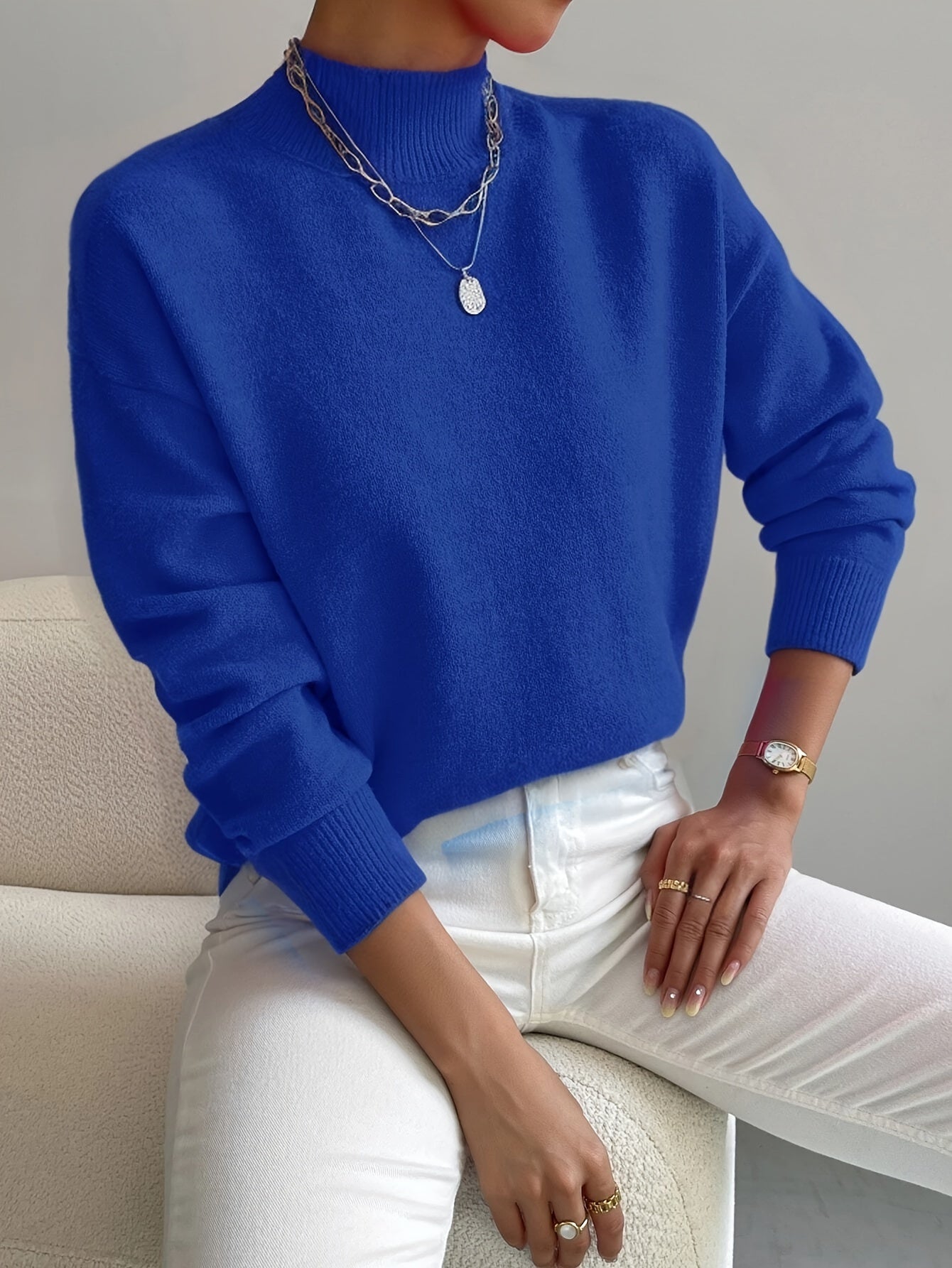 Donna™ classic turtleneck sweater, blue, ribbed cuffs and hem.