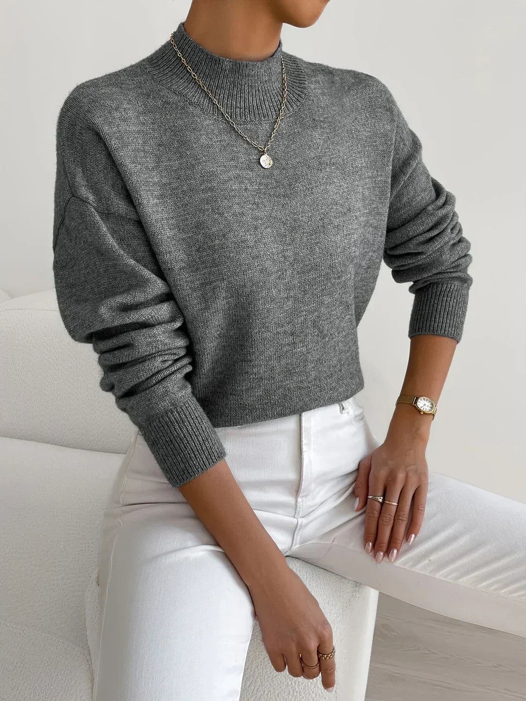 Donna™ classic turtleneck sweater, dark gray heather, ribbed cuffs and hem.