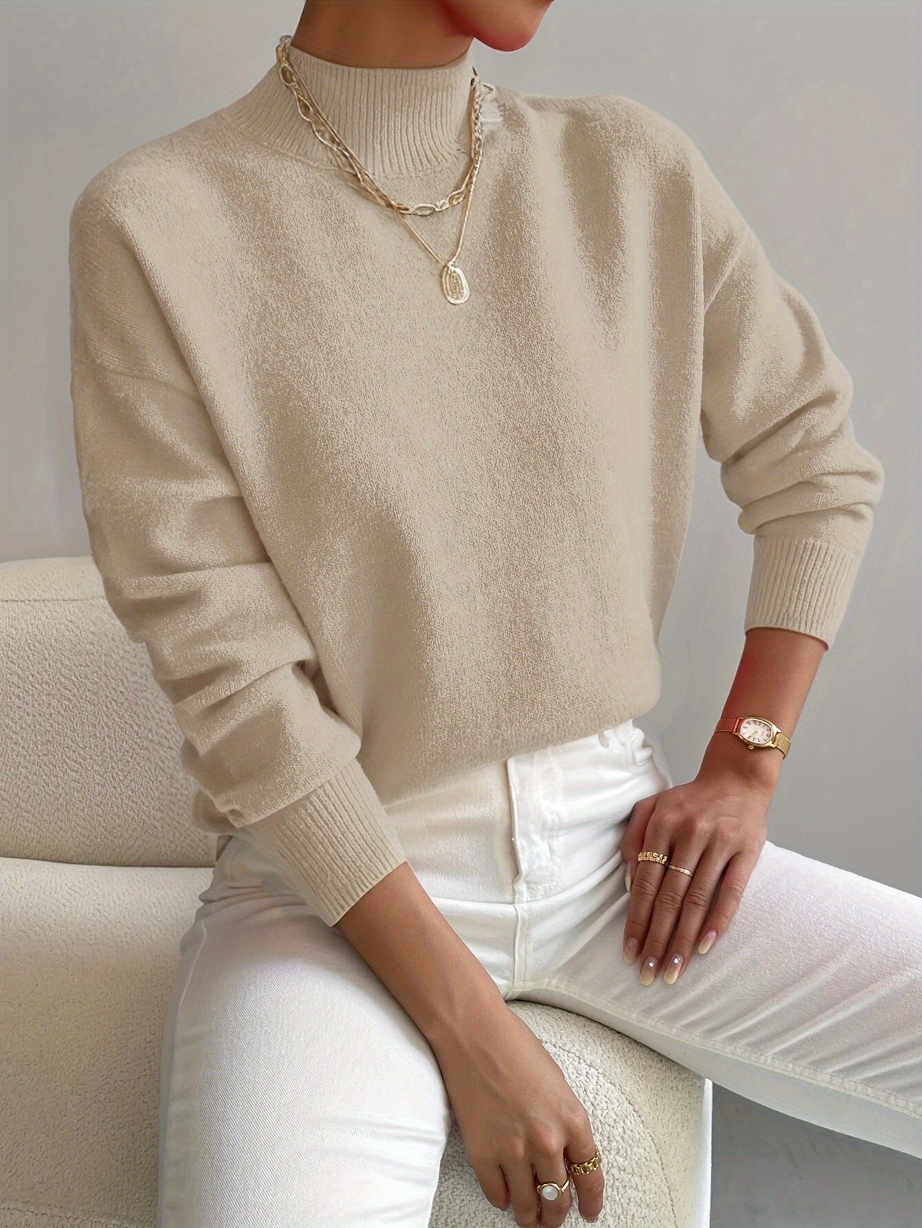 Donna™ classic turtleneck sweater, beige, ribbed cuffs and hem.
