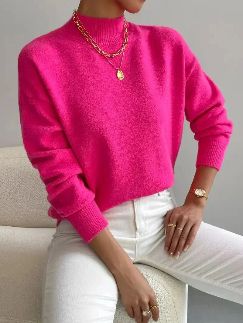 Donna™ classic turtleneck sweater, fuchsia pink, ribbed cuffs and hem.