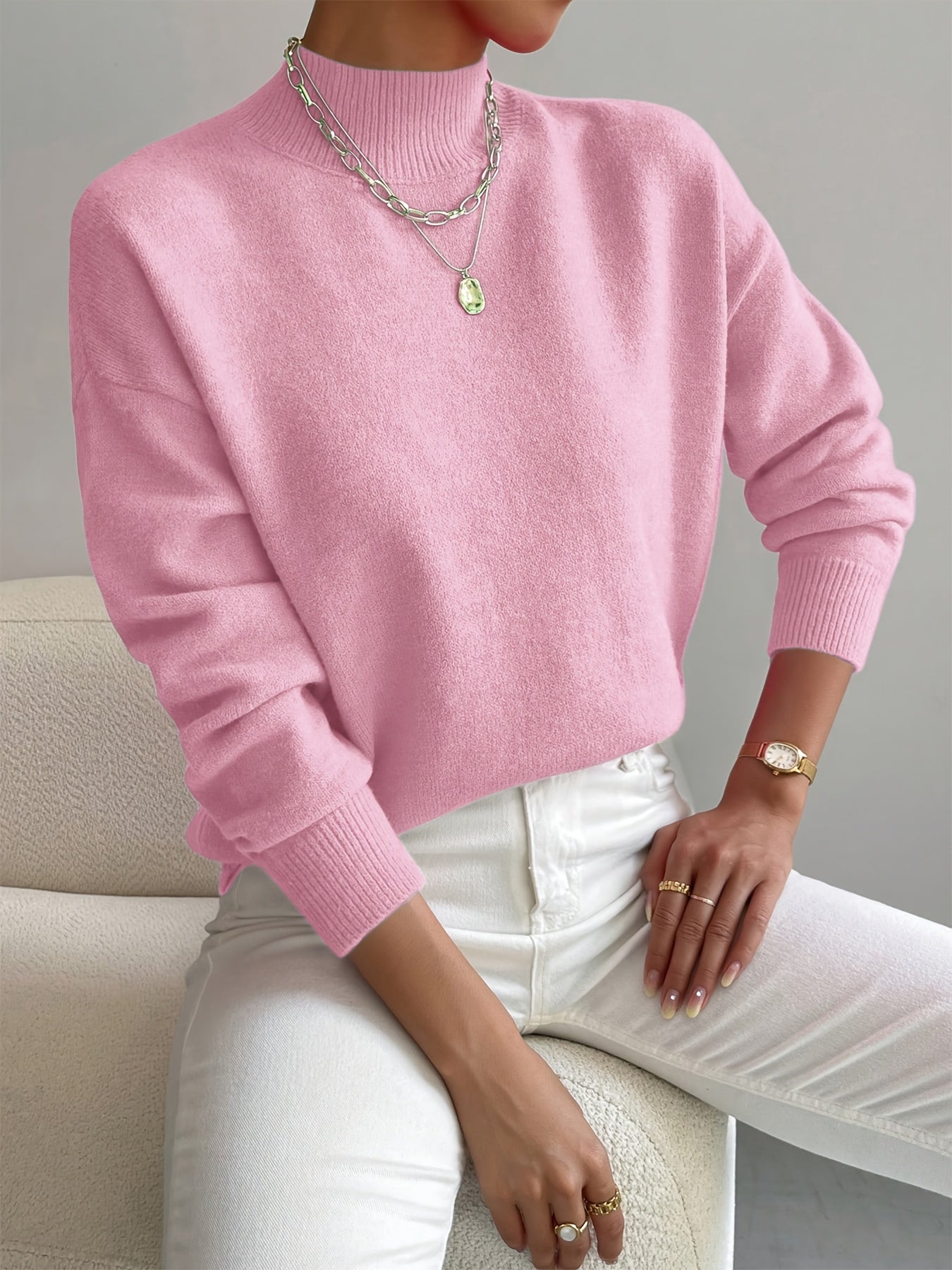 Donna™ classic turtleneck sweater, light pink, ribbed cuffs and hem.