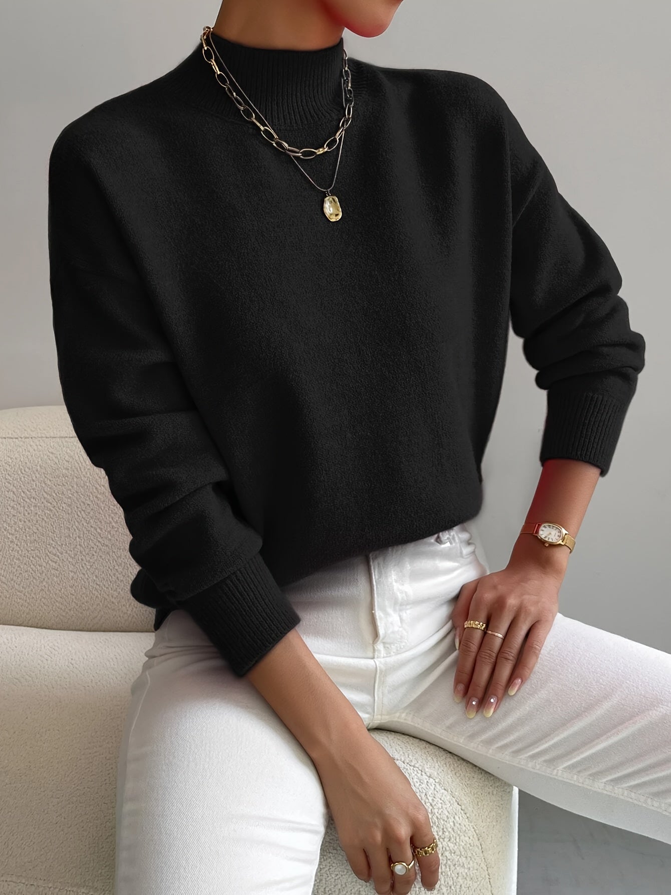Donna™ classic turtleneck sweater, black, ribbed cuffs and hem.